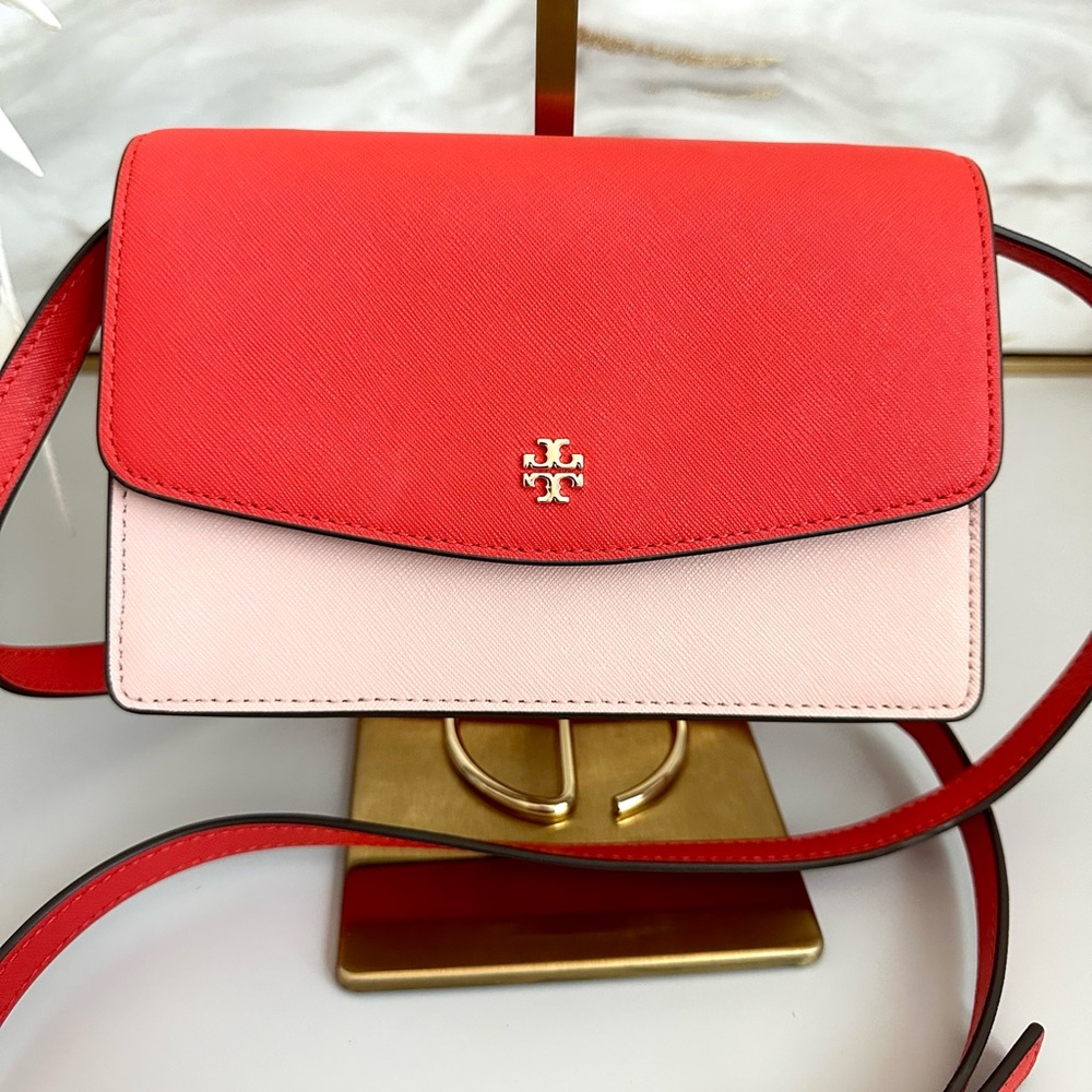 Like New Tory Burch EMERSON COLOR BLOCK MINI in BRIGHT SAMBA /PINK QUARTZ